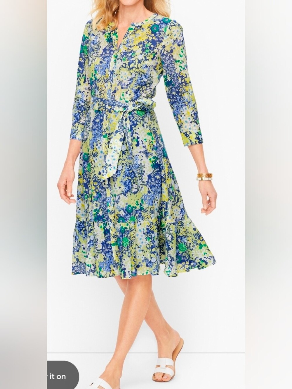 Talbots Floral Fit-and-Flare Belted Dress in Blue and Green